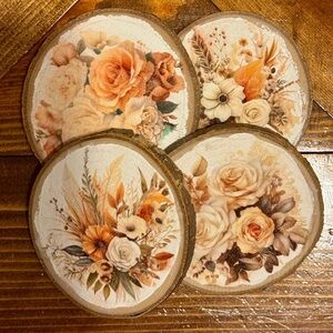 Handmade Floral Wood Coasters | Vintage Boho Cottagecore Aesthetic | Set of 4